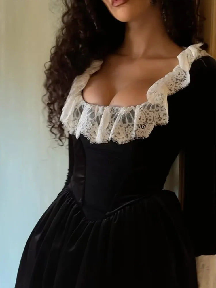 Sexy Lace Flare Long Sleeve Mini Dress Women Fashion Black Square Collar High Waist A-line Dresses Lady Evening Party Gown