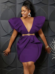 Ingvn - Deep V Neck Dresses Cape Sleeve High Waist Sexy Bodycon Ruffles Ladies Cocktail Club Party Event Outfits for Women Summer 4XL