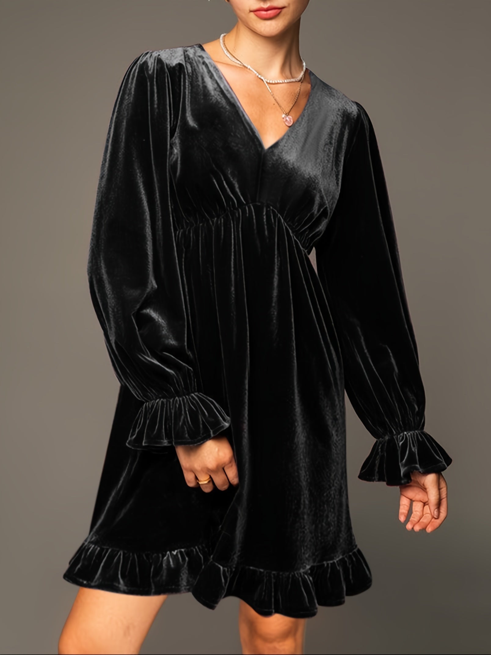 V Neck Velvet Dress For Women Long Sleeve Ruffle Midi Dress Wedding Party Dress With Pockets