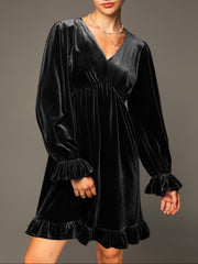 V Neck Velvet Dress For Women Long Sleeve Ruffle Midi Dress Wedding Party Dress With Pockets