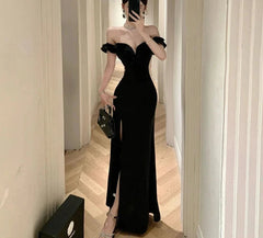 Ruffled One Shoulder Strapless Evening Dress Women Spring Summer Elegant High Waist Slim Wrapped Slit Long Dresses