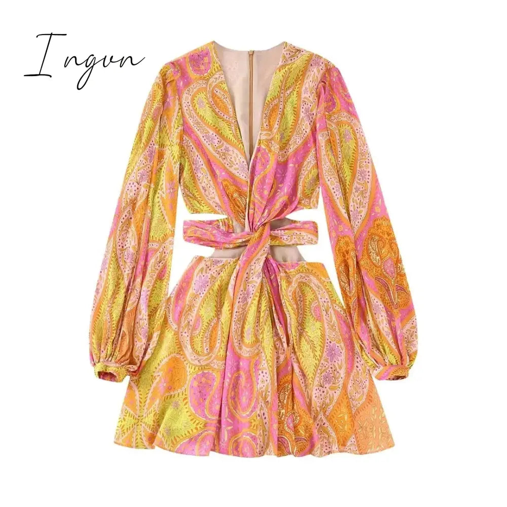 Ingvn - 2023 Summer Women Elegant With Print Hollow Out Mini Dress New Pleated Full Sleeves Tied V-Neck Back Zippers Vintage Vestidos