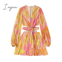 Ingvn - 2023 Summer Women Elegant With Print Hollow Out Mini Dress New Pleated Full Sleeves Tied V-Neck Back Zippers Vintage Vestidos