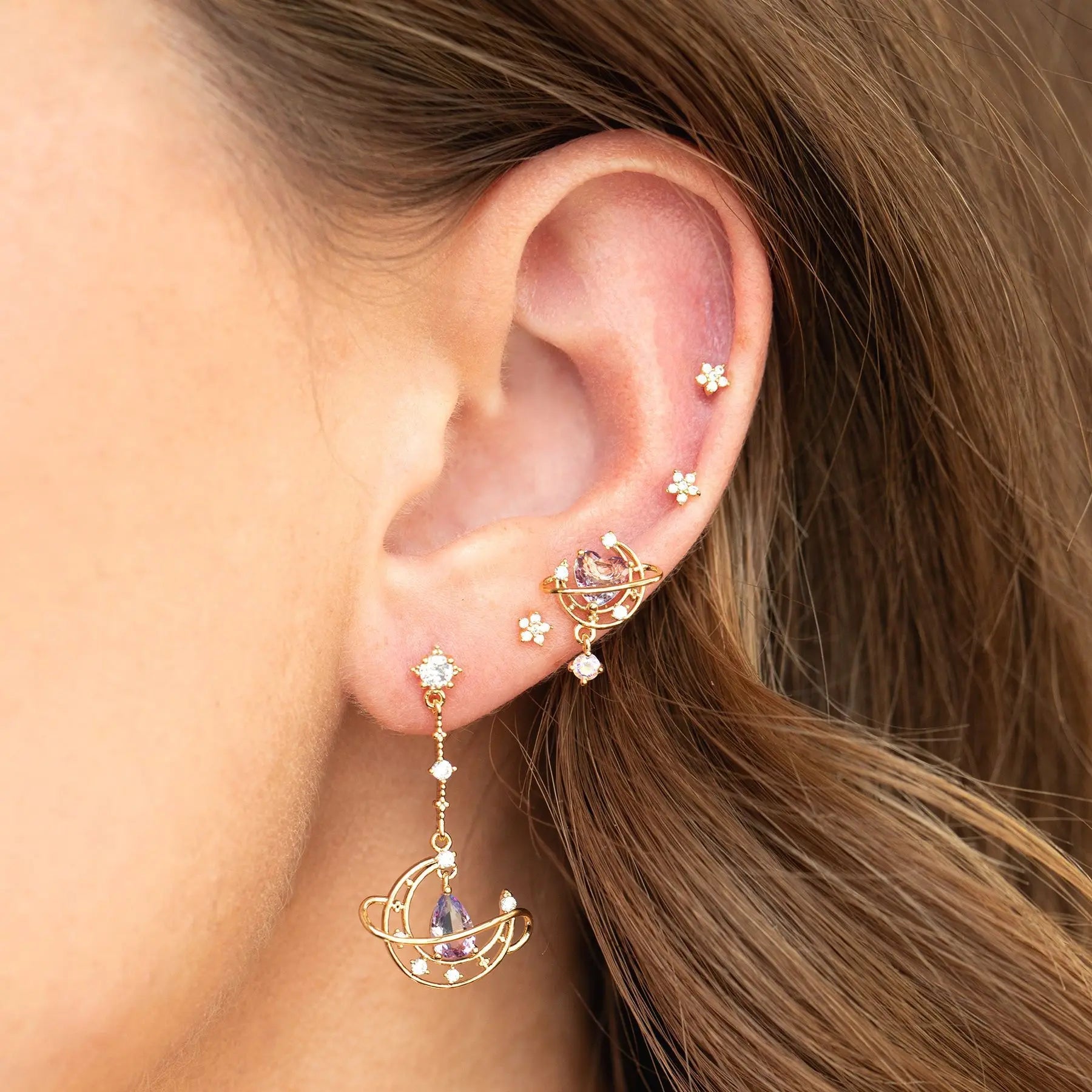 INGVN  New Ins Asymmetric Moon Heart Earring For Women Cute Gold-plated Pink Zircon Heart Stud Earrings Fashion Aesthetic Jewelry Gift