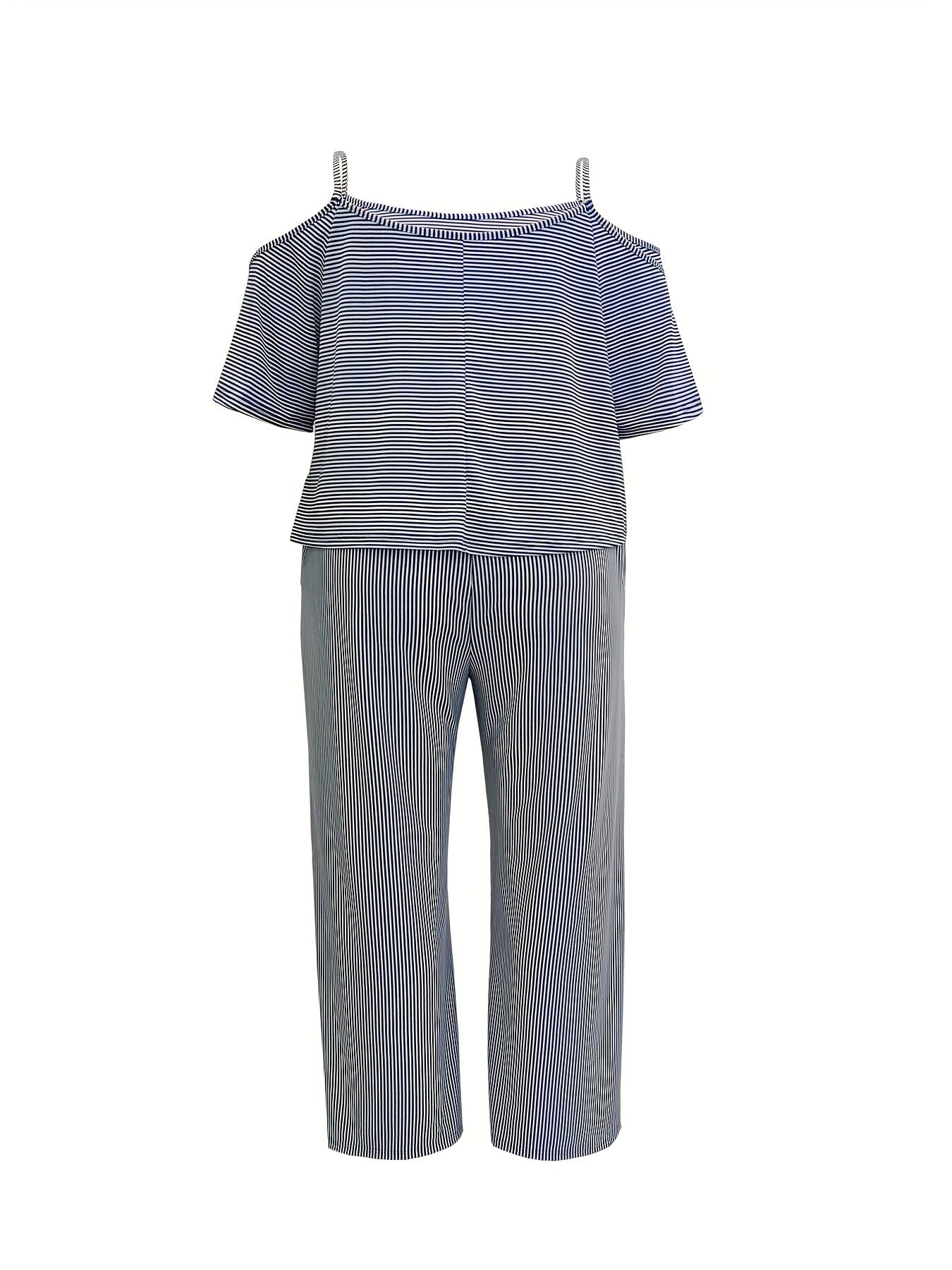 Plus Size Casual Outfits Two Piece Set, Women's Plus Stripe Print Cold Shoulder Top & Wide Leg Pants With Pockets Outfits 2 Piece Set