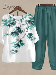 Ingvn - Women's Shirt Pants Sets Pants Trousers Basic Army Green Blue Holiday Weekend Floral Print Round Neck S M L XL 2XL