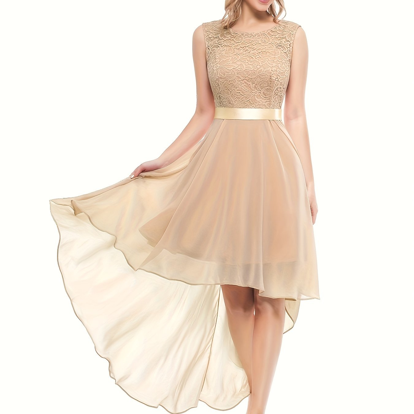 Contrast Lace Asymmetric Hem Wedding Dress, Elegant Solid Bow Waist Tank Dress For Party & Banquet, Homecoming Dress, Women's Clothing