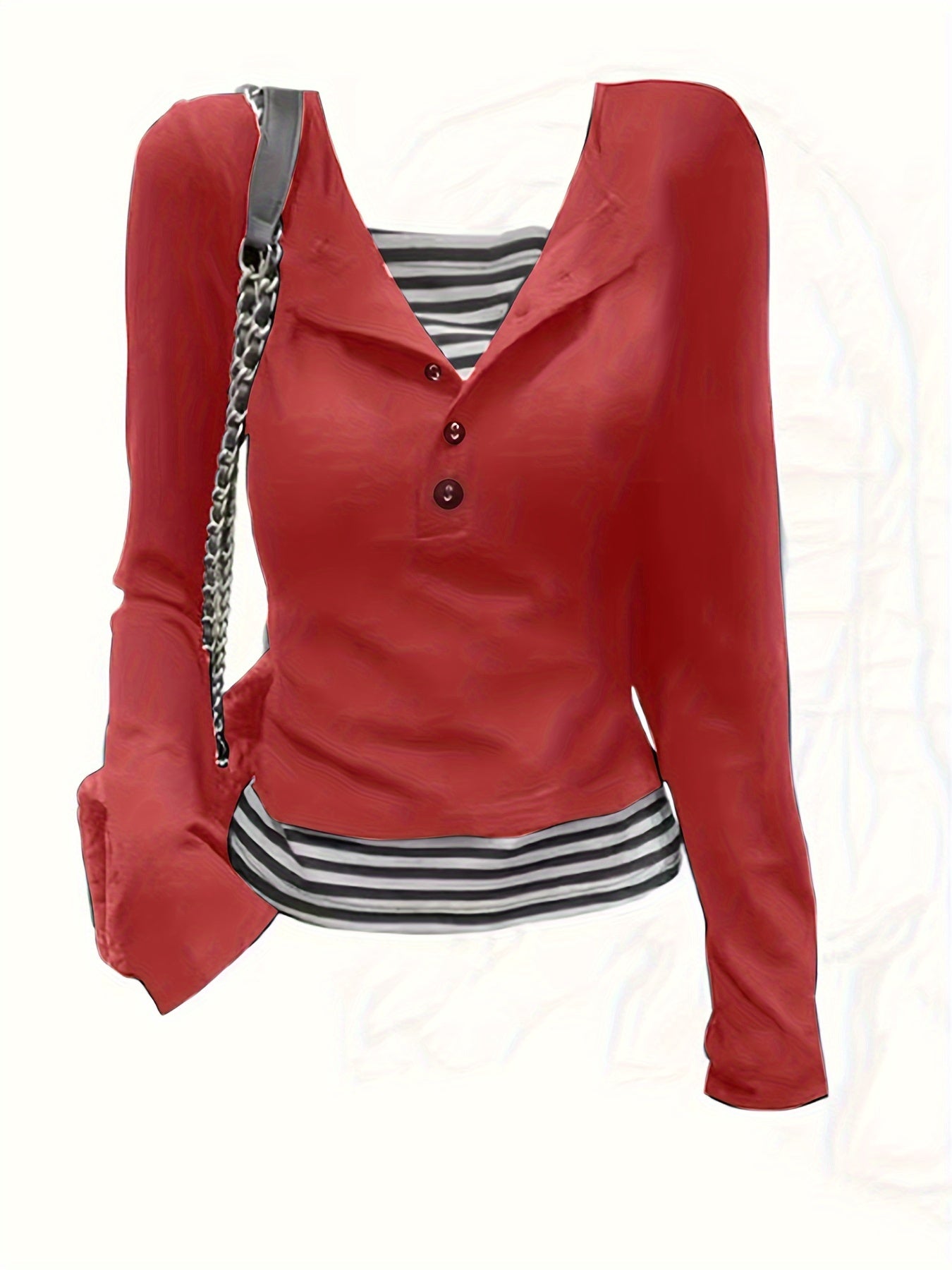 2 In 1 Long Sleeve Striped Print T-shirt, Casual Button Front Top For Women, Spring & Fall