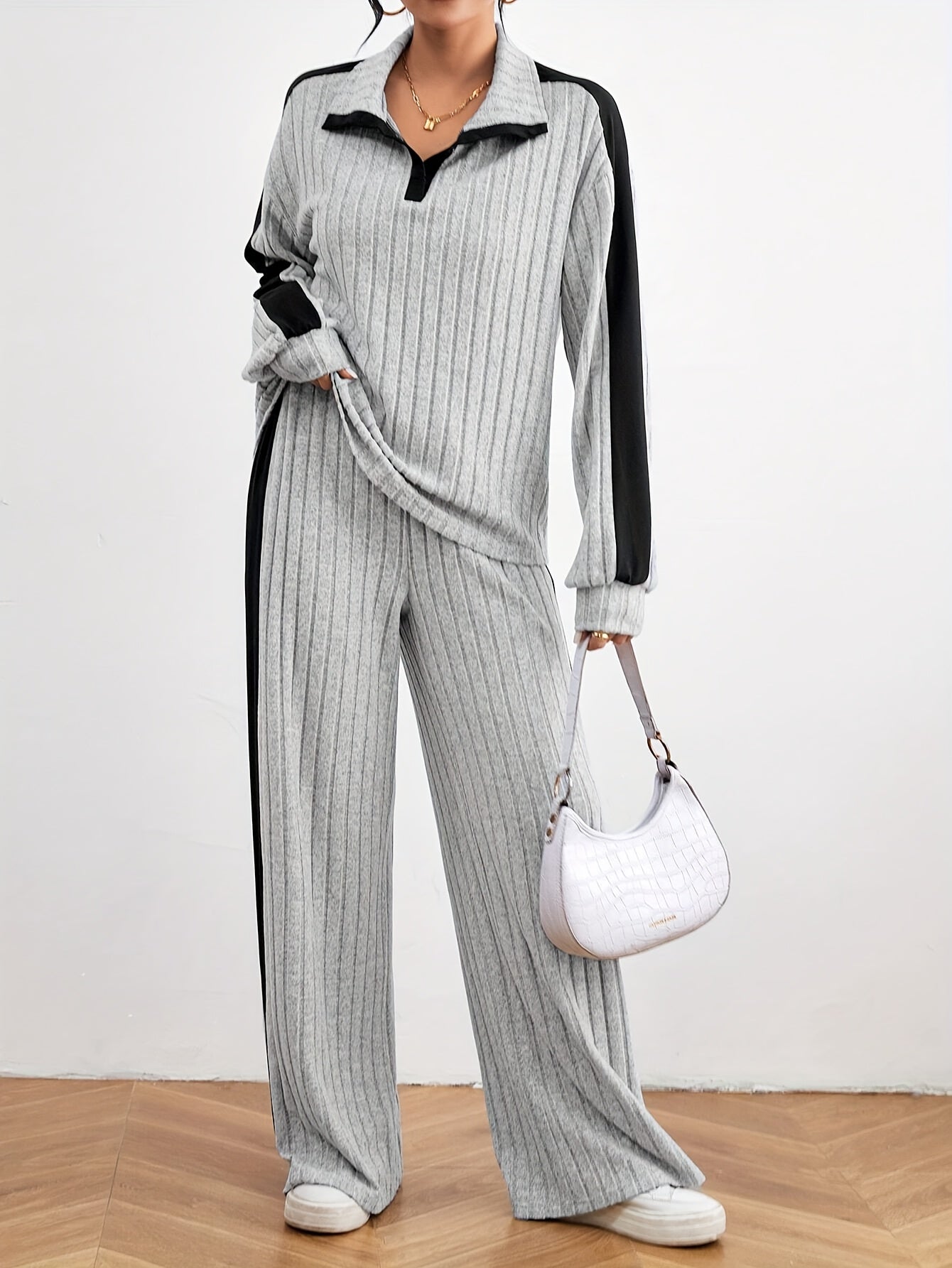 Stylish Color Block Ribbed Pantsuits - Long Sleeve Lapel Drop Shoulder Top, Wide Leg Pants, Comfortable, Relaxed Fit, Chic Outfit for Women - Perfect for Daily Wear, Casual Occasions