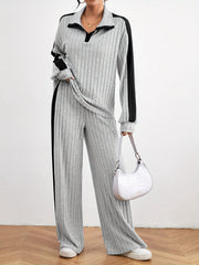 Stylish Color Block Ribbed Pantsuits - Long Sleeve Lapel Drop Shoulder Top, Wide Leg Pants, Comfortable, Relaxed Fit, Chic Outfit for Women - Perfect for Daily Wear, Casual Occasions