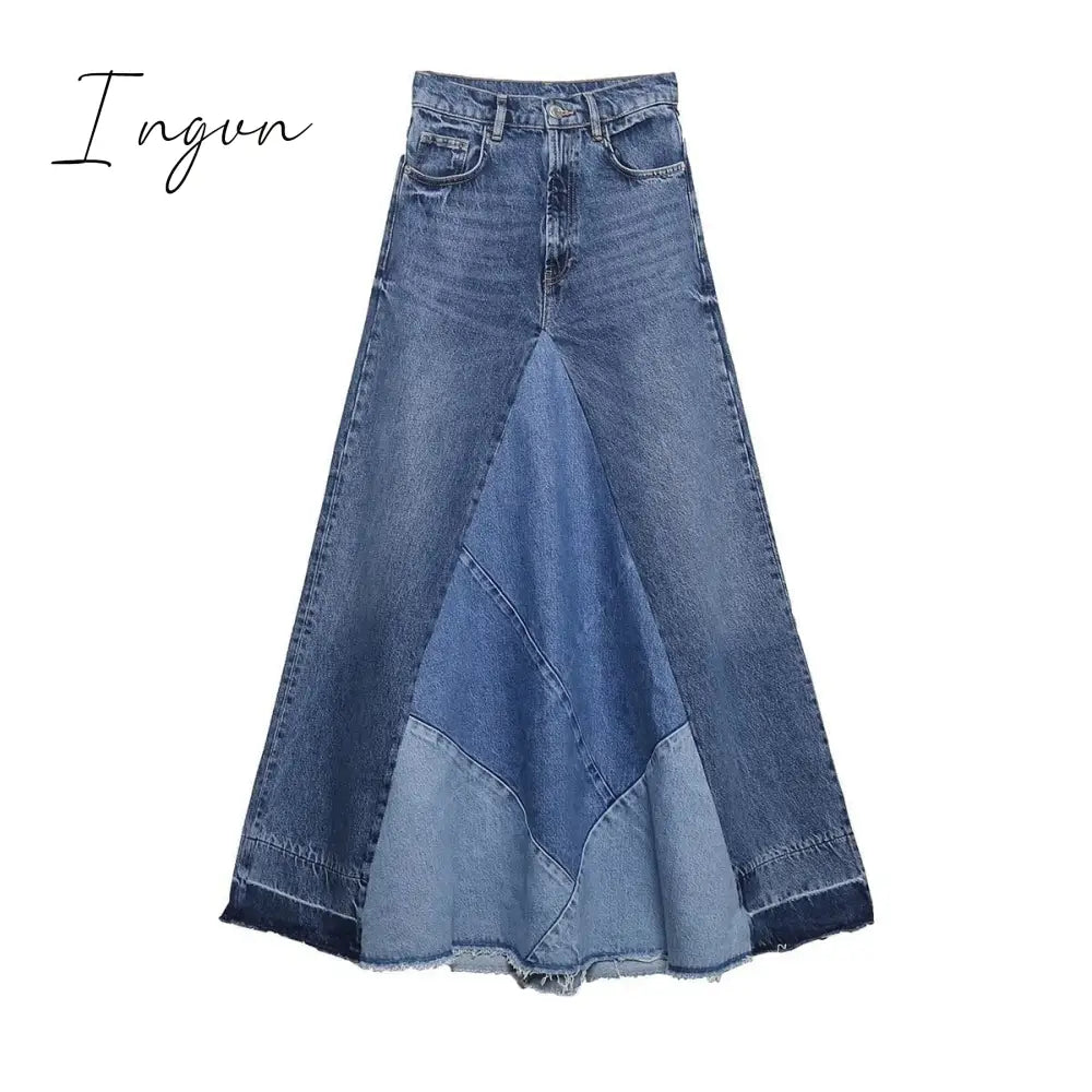 Ingvn - Women 2023 Fashion Denim Blue Skirts Highstreet Patchwork High Waist Midi Skirts A-Line Design Female Bottoms