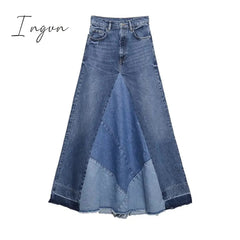 Ingvn - Women 2023 Fashion Denim Blue Skirts Highstreet Patchwork High Waist Midi Skirts A-Line Design Female Bottoms