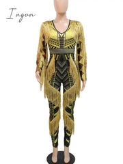 Ingvn - Womens Sexy Bodycon Jumpsuit Vintage Printed Long Sleeve One Piece Outfits with Tassels Rhinestone Yellow Black Romper Clubwear