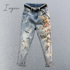Ingvn - Embroidered High Waist Jeans Women's Summer Heavy Industry Beads Loose Slimming Holes Harem Pants Cropped Baggy Denim Pants
