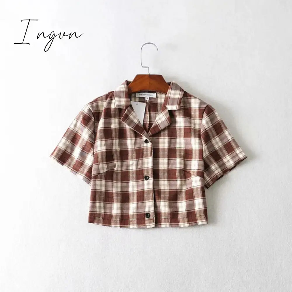 Ingvn - Summer blouse women vintage crop shirt streetwear plaid ladies tops elegant button up shirt korean crop top red