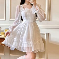 French Sweet Fairy Lolita Dress Women Long Sleeve Lace Y2k Mini Dress Vintage Kawaii Clothes One Piece Dress Korean Autumn spring