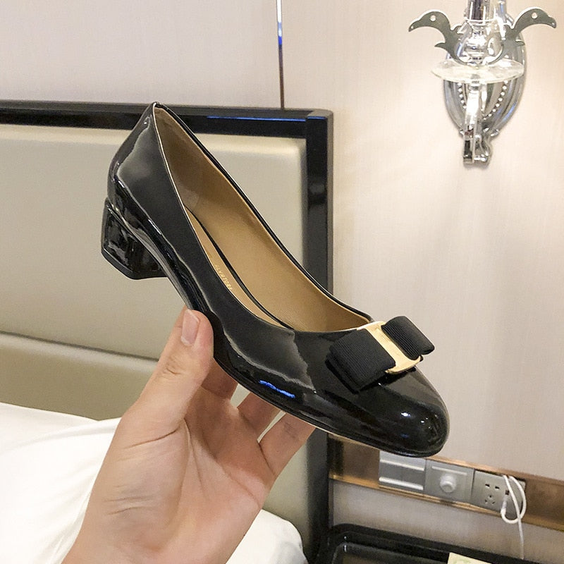 Patent Leather Bow In A Thick Single-heel Women's Shallow Flat-soled High-heeled Red Wedding Shoes Spring Shoes