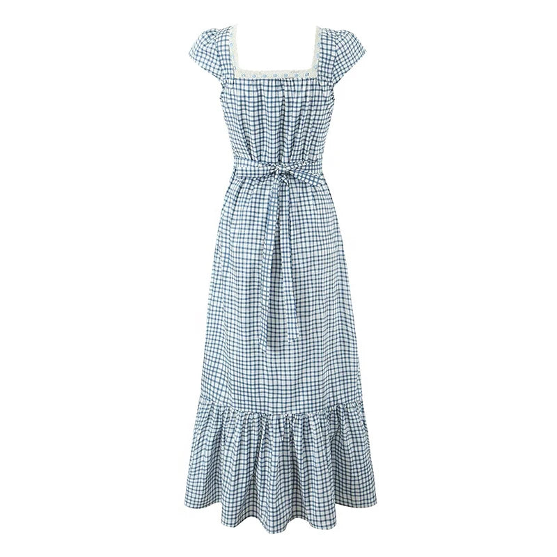 Women Casual Vintage Plaid Dress Elegant Square Neck Short Sleeve A-line Summer Long Dress Vacation Maxi Robe