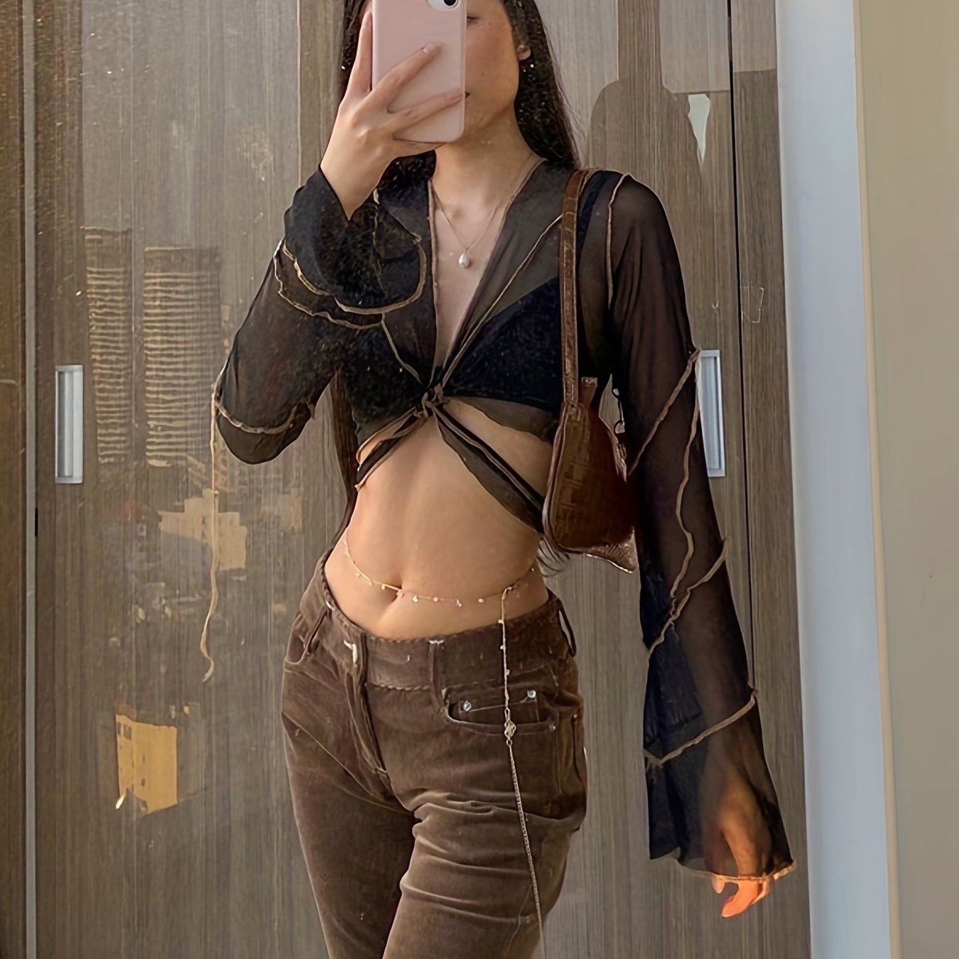 Sexy Women's Bell Sleeve Mesh Crop Top for Spring & Summer, Casual Slim Fit Clothing
