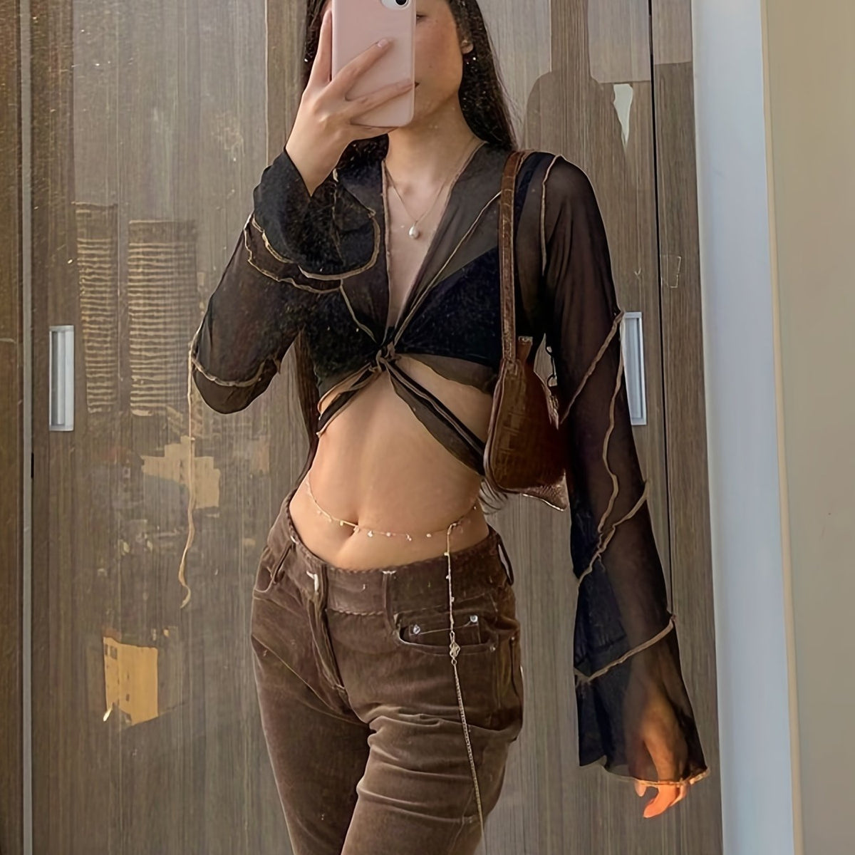Sexy Women's Bell Sleeve Mesh Crop Top for Spring & Summer, Casual Slim Fit Clothing