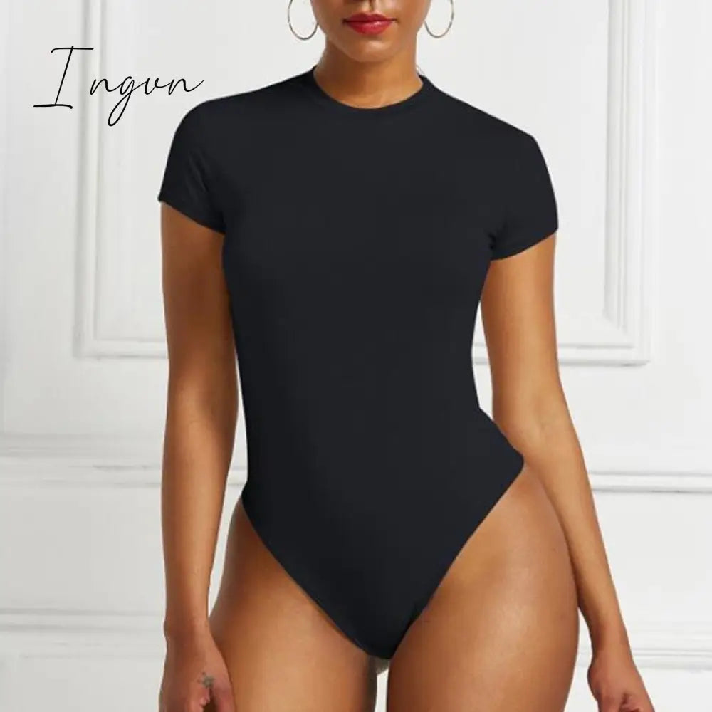 Ingvn - Sexy One Piece Bodycon Bodysuit Short Sleeve O Neck Open Basic White Black Red Overalls Women Body Top Skinny Rompers Female