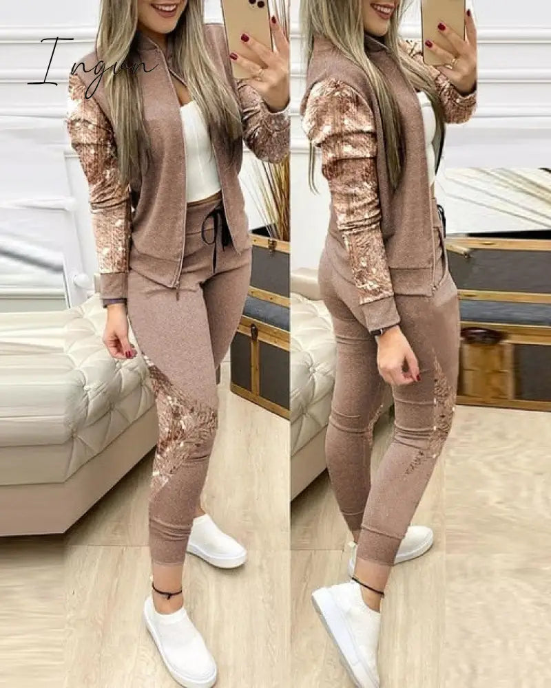 Ingvn - Fashion Tracksuit 2 Piece Set Autumn Winter Zipper Jacket + Long Pants Sports Suit Female Sweatshirt Sportswear Suit For Woman