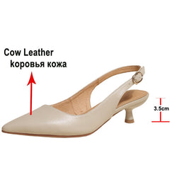 Meotina Genuine Leather Women Slingbacks Shoes Cow Leather Buckle Thin Heels Pumps Pointed Toe Med Heel Ladies Footwear Spring