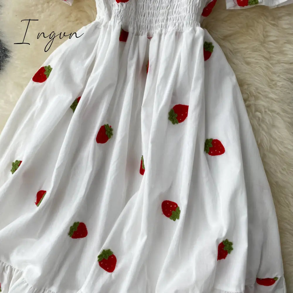 Ingvn - Strawberry Dress Cherry Kawaii Embroidery Puff Sleeve Dress Women Vintage White Square Neck Beach Dresses Korean Clothes