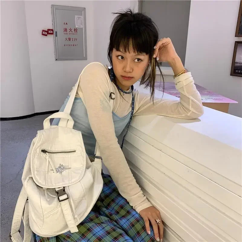 Ingvn  White Y2k Womens Backpack Vintage Pu Leather Casual Large Capacity Aesthetic Backpacks Fashion Female Luxury Designer Bags