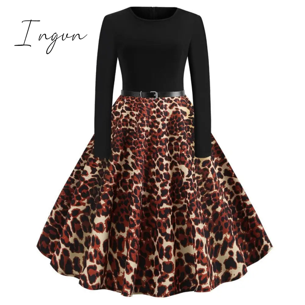 Ingvn - Winter Christmas Dresses Women 50S 60S Vintage Robe Swing Pinup Elegant Party Dress Long Sleeve Casual Plus Size Print Black