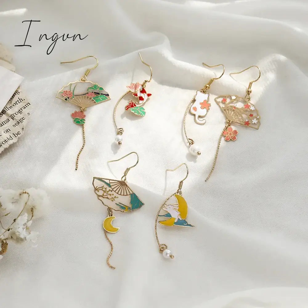 Korean Style Flower Cute Animal Dangle Earrings For Women Moon Stars Kitten Rabbit Balloon Asymmetric Earring Party Jewelry Gift