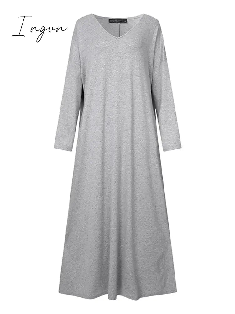 Ingvn - Women's Plus Size Casual Dress Solid Color V Neck Long Sleeve Winter Fall Basic Casual Maxi long Dress Daily Vacation Dress