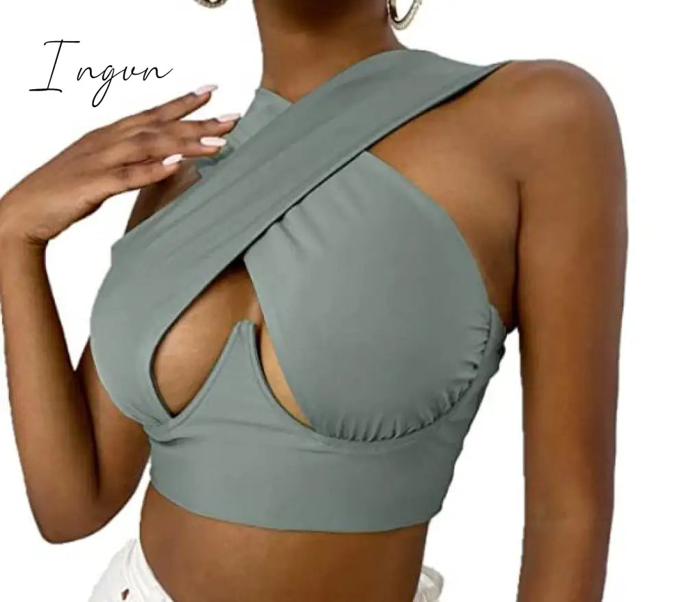 Ingvn - Women's Criss Cross Tank Tops Sexy Sleeveless Solid Color Cutout Front Crop Tops Party Club Streetwear Summer Lady Bustier Tops