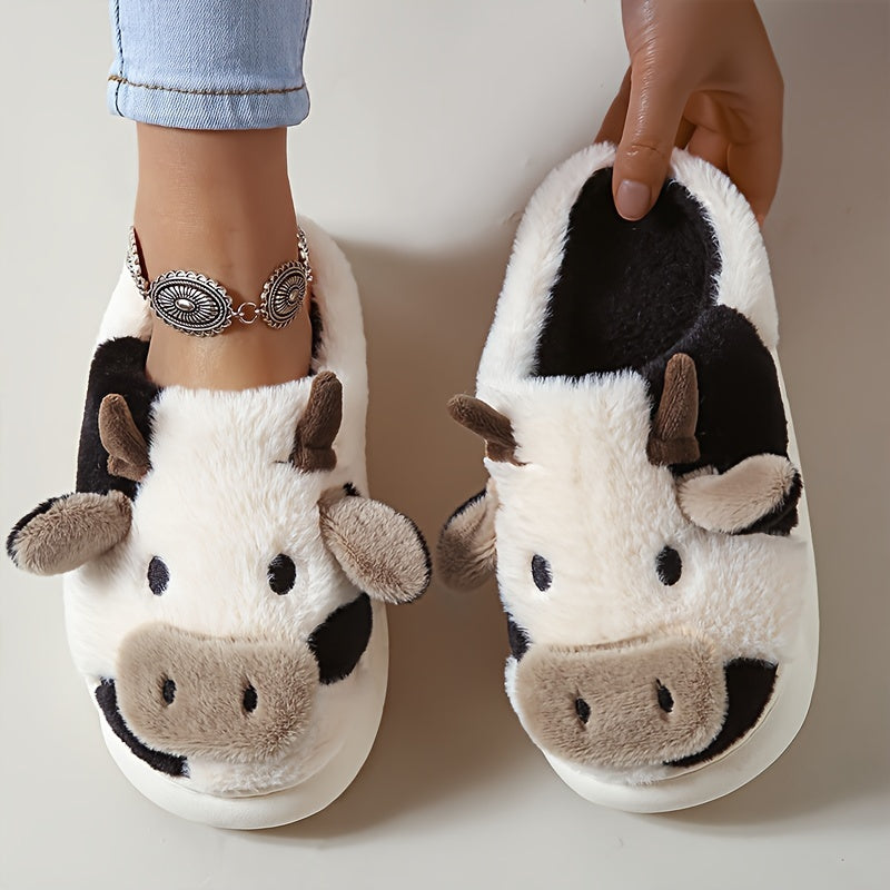 Cozy Cartoon Cow Slippers - Plush Lined, Comfortable, Casual Slip-On Shoes for Indoor Home Use - Soft, Warm, and Fun Design for Relaxation