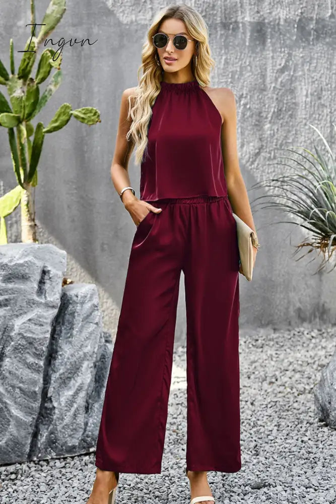 Ingvn - Grecian Neck Sleeveless Pocketed Top and Pants Set
