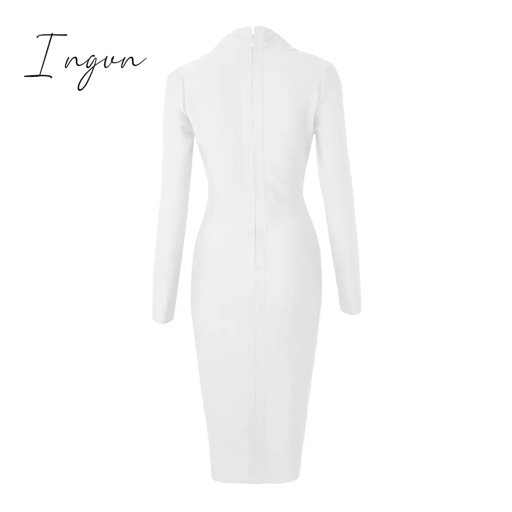 Ingvn - New Summer Deep V Neck Women Bandage Dress Full Sleeves Celebrity Bodycon Dress Sexy Club Vestidos Evening Party Dresses