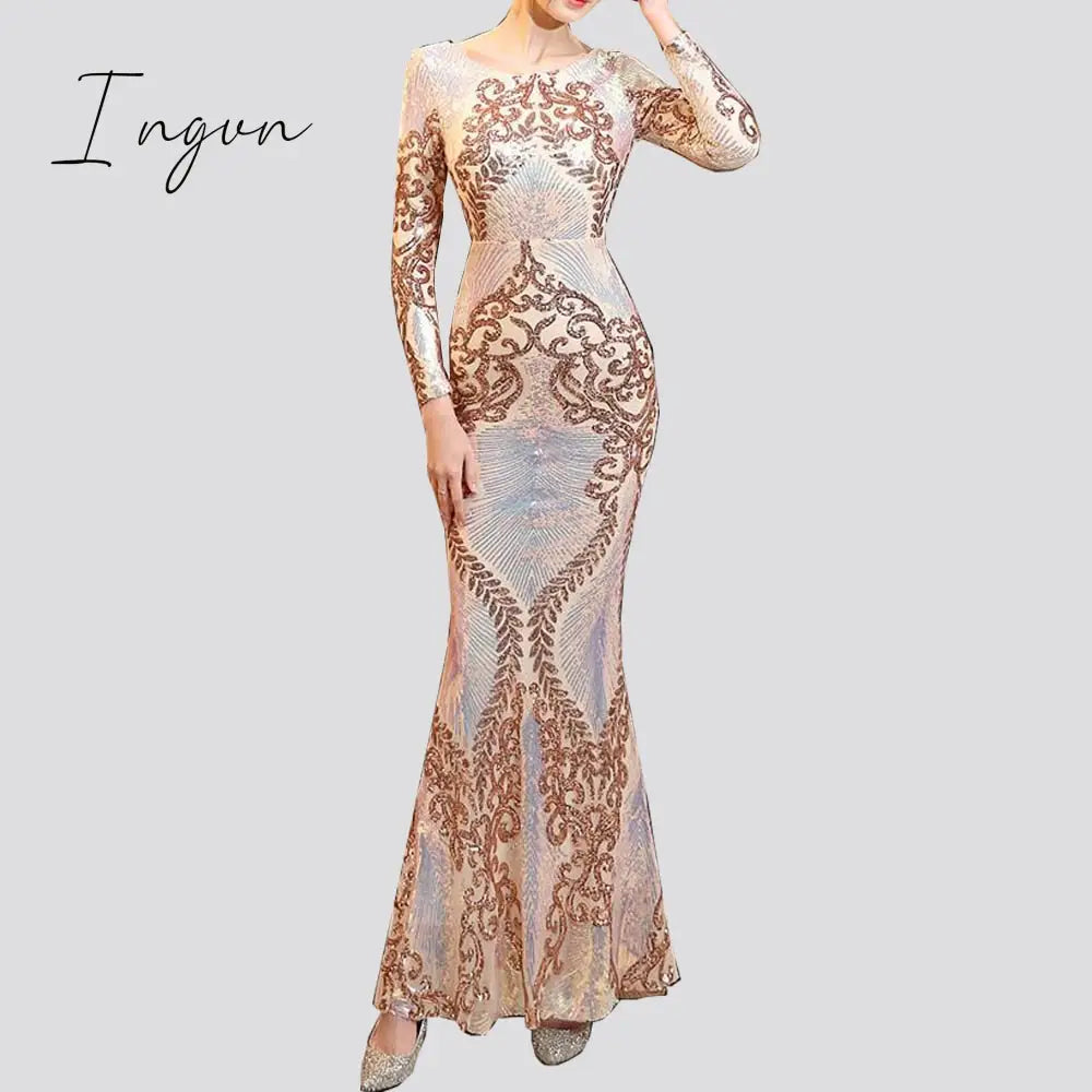 Ingvn - Hot Sale O-neck Long-Sleeve Shinning Sequins Evening Dresses Sexy Backless Mermaid Party Gowns Maxi Elegant Multi Female Robes vestidos