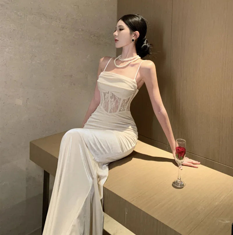 Vintage Sexy Hollow Out Bodycon Spaghetti Strap Long Dresses for Women Elegant Party Prom Velvet Female Clothing Holiday Robe