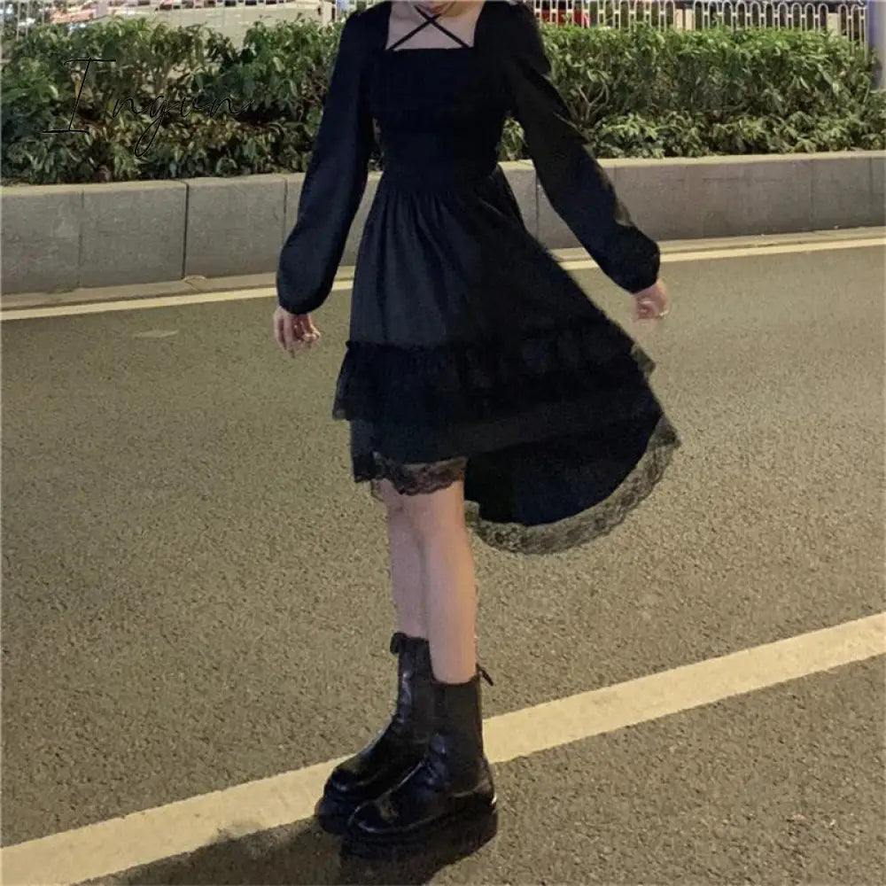 Ingvn - New Gothic Women Black Fairy Party Dress Cross Square Collar Lolita Princess Irregular Dress Cute Kawaii Lace Ruffles Chic Dress