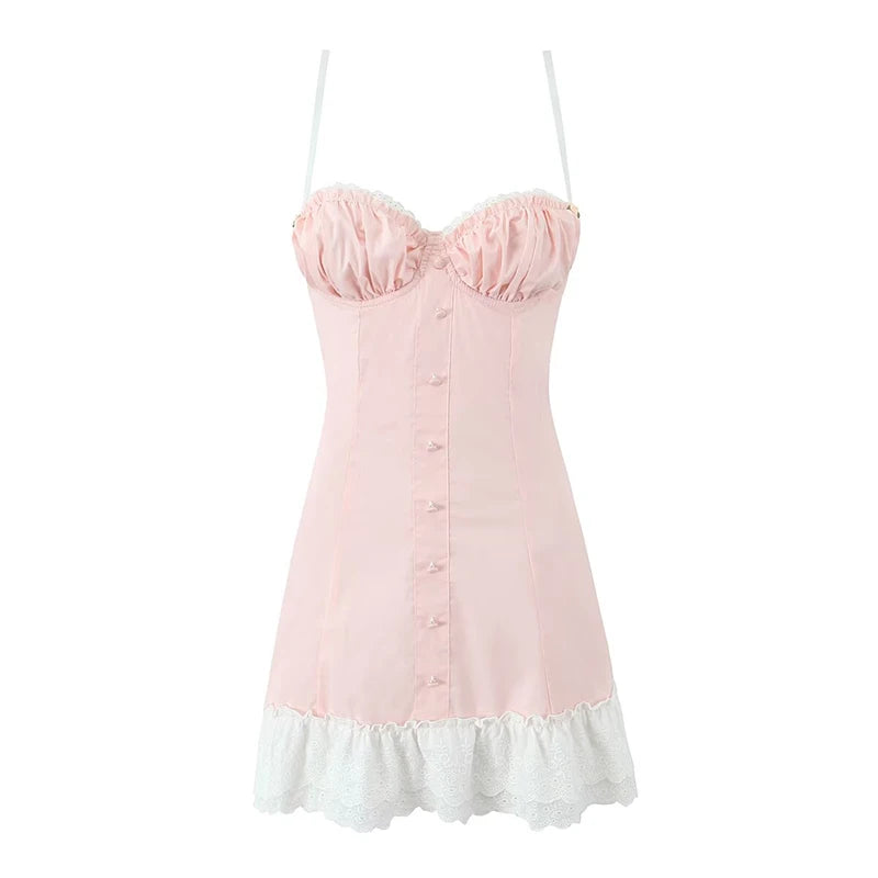 Summer Women White Patchwork Red Plaid Sling Mini Dress Sexy Thin Straps Lace Up Back A-line Party Dresses Holiday Robe