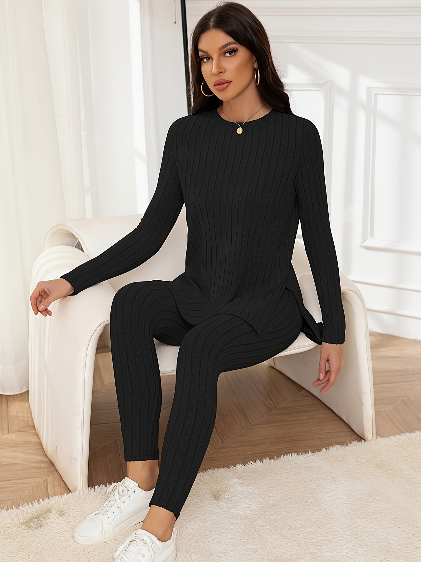 Casual Ribbed Knit Two-piece Set, Split Hem Long Sleeve Top & Slim Pants Outfits, Women's Clothing