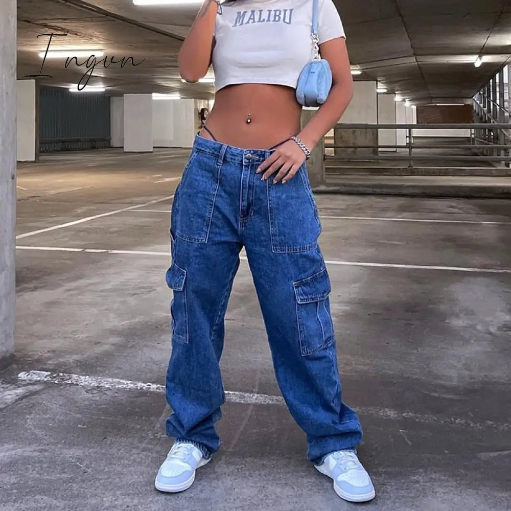 Ingvn - Y2k Cargo Pants Women's Jeans New Fashion Baggy Jeans Denim Overalls 90s Low Rise Pocket Straight Leg Trousers Streetwear