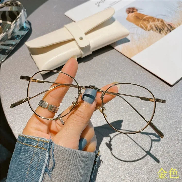 INGVN  Korean Retro Alloy Glasses Frame Girl Ins No Makeup Plain Glasses Men Light Eyewear Cute Decorative Computer Glasses