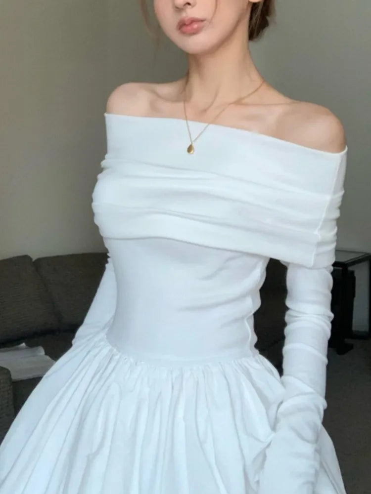 Y2k Fashion Evening Party Maxi White Dress Women Korean Off Shoulder Long Sleeve Birthday Robe Autumn Streetwear Corset Clothes