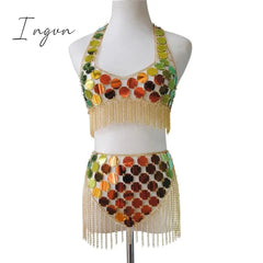 Ingvn - Trends Fashion Gradient Color Shiny Sequins Dots Two Piece Set Low Cut Backless Sleeveless Crop Tops Tassel Mini Skirt Sexy Beach Outfits