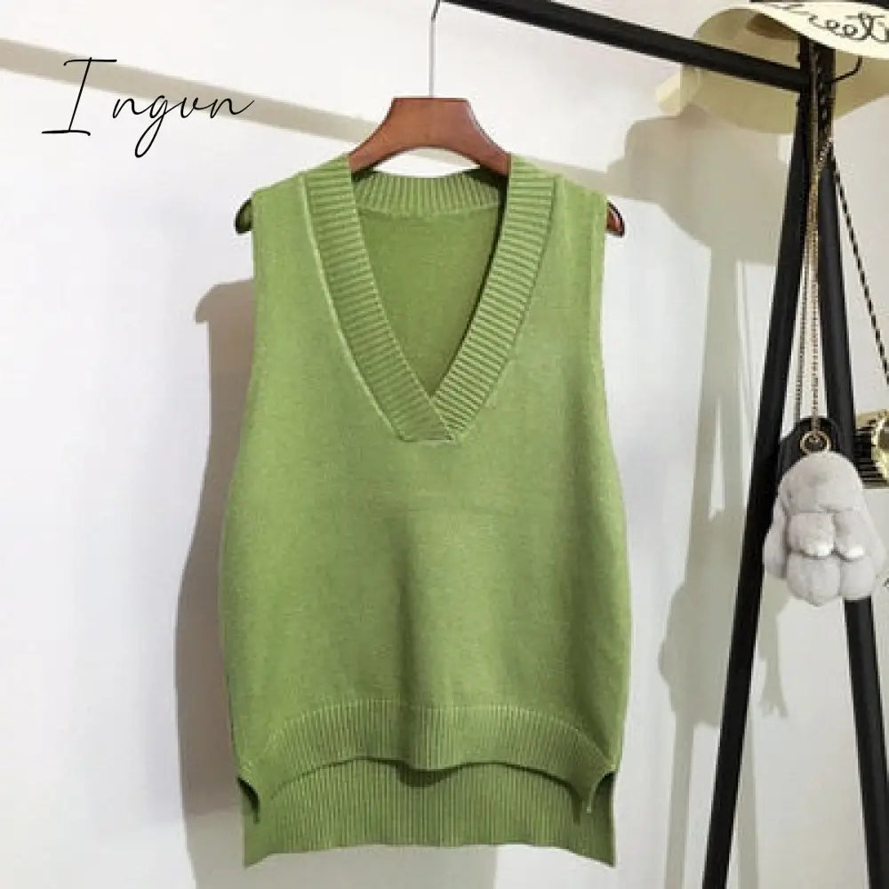 Ingvn - Autumn Women's Sweater Vest V-neck Sleeveless Irregular Casual Loose Knitted Pullover Tops Female Outerwear