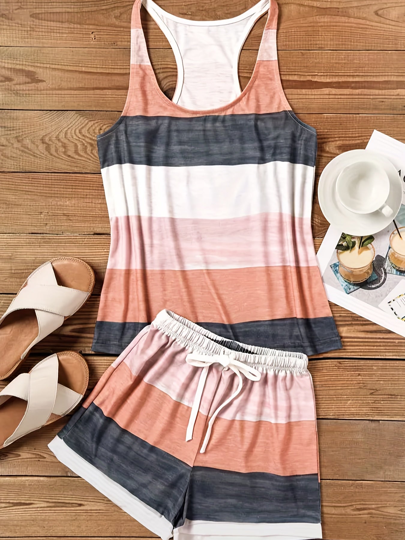 Elastic Comfort: Women's Spring/Summer Striped Two-Piece Set - Casual Sleeveless Tank & Adjustable Shorts, Easy Care & Stylish