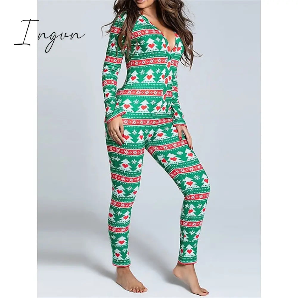 Ingvn - Women's Pajamas Jumpsuit Elk Snowflake Casual Comfort Soft Home Christmas Daily Polyester Breathable V Wire Long Sleeve Hole Fall Winter White Red