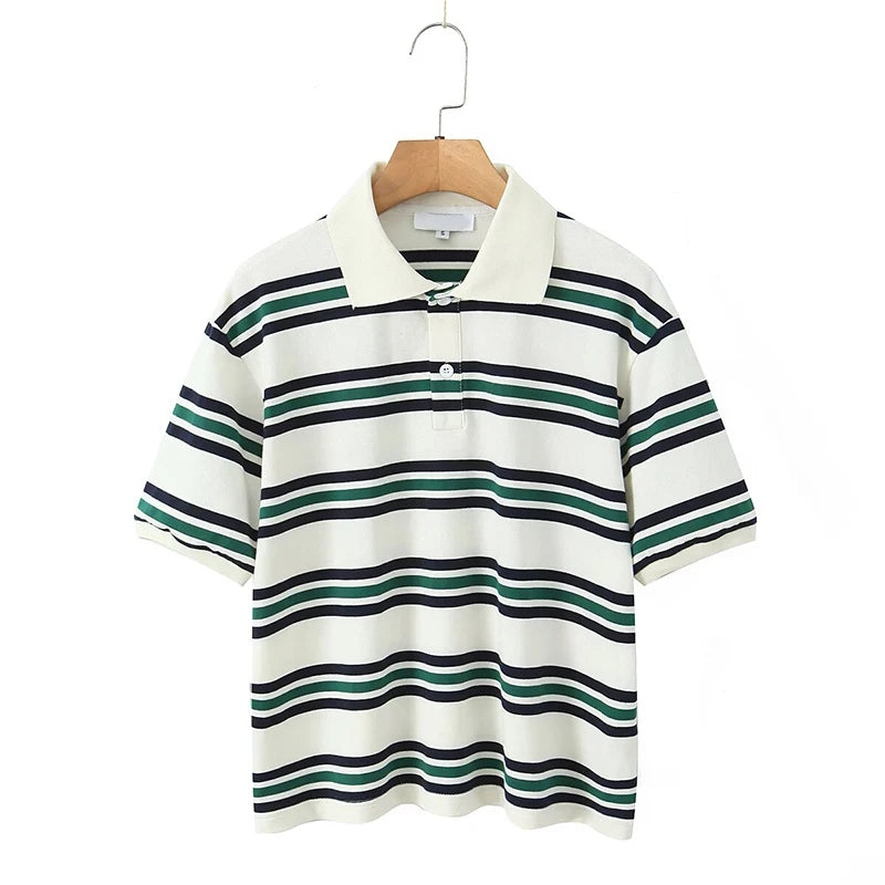 Women American Retro Contrasting Striped T Shirt Women Polo Collar Short Sleeve Preppy Vintage Tees Y2K Tops