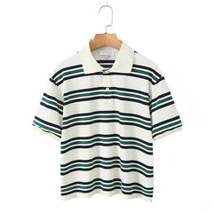 Women American Retro Contrasting Striped T Shirt Women Polo Collar Short Sleeve Preppy Vintage Tees Y2K Tops